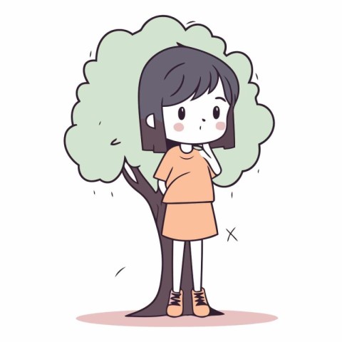 Girl thinking and looking at tree in cartoon style.