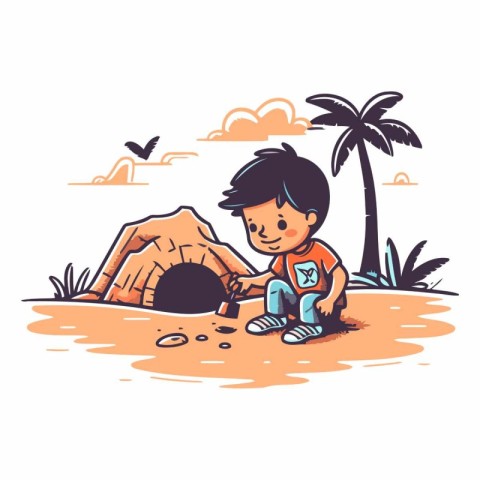 Little boy sitting on the beach and playing with sand