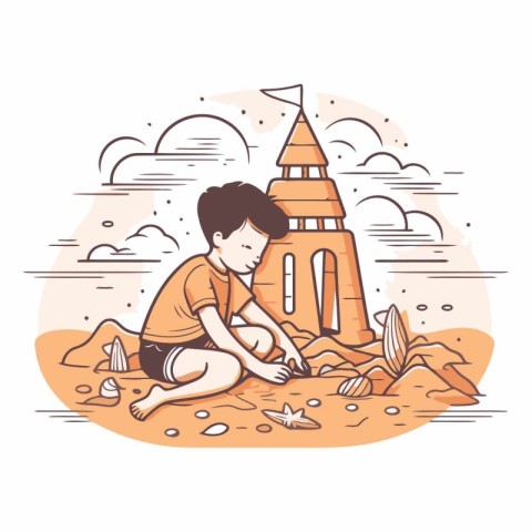 Boy sitting on the sand in front of the temple