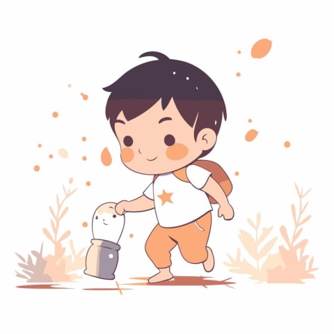 Cute little boy running with a lantern in his hand.