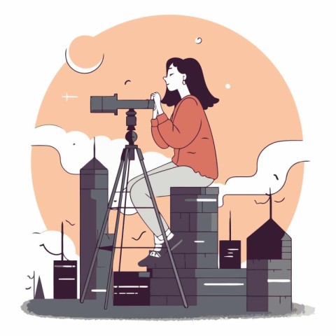 Vector illustration of a girl with a telescope on the background