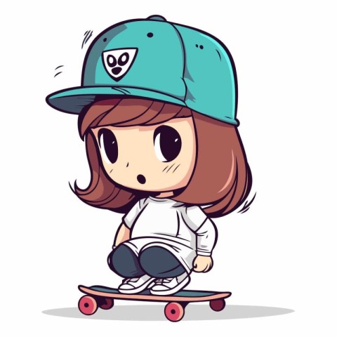 A cute little girl with skateboard and cap.