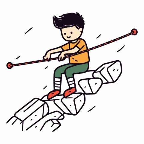 Boy climbing a rock wall in doodle style.