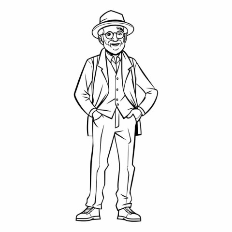 elegant old man with hat and jacket cartoon vector illustration