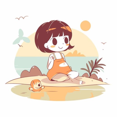 Cute little girl sitting on the beach of cartoon character.