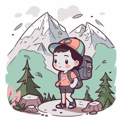 Vector illustration of a boy hiking in the mountains with a back