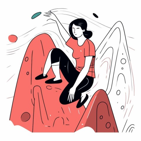 Vector illustration of a girl in a red t-shirt sitting on a rock