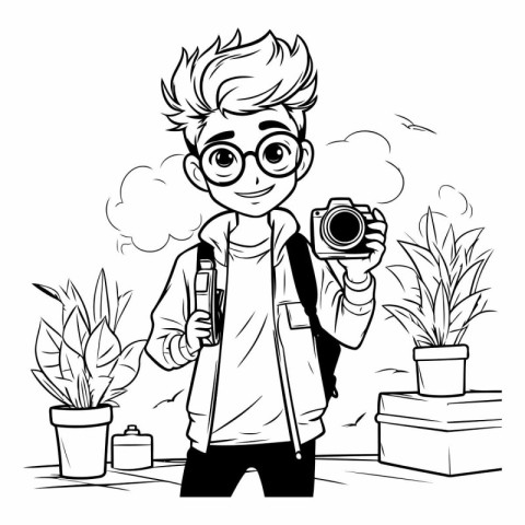 Vector illustration of a boy with a camera on a background of pl