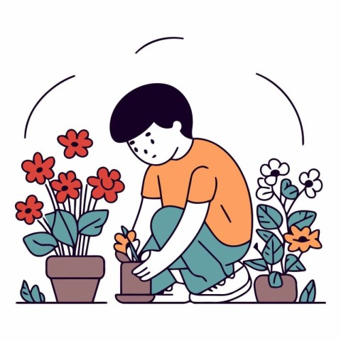 Vector illustration of a boy planting flowers in a pot. Flat sty