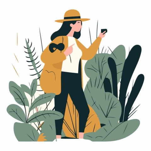 Young woman in a hat with a phone in her hands. Flat vector illu