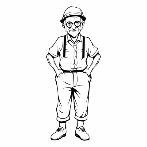 Elderly man with glasses. hat and suspenders.