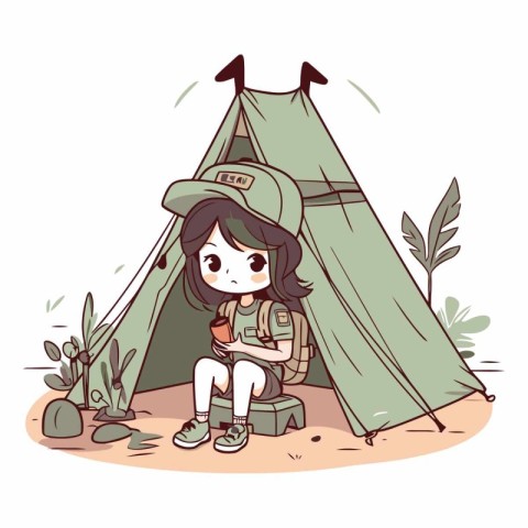 Girl scout with a backpack sitting in a tent.