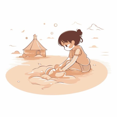 Girl playing in the sand with a house on the background