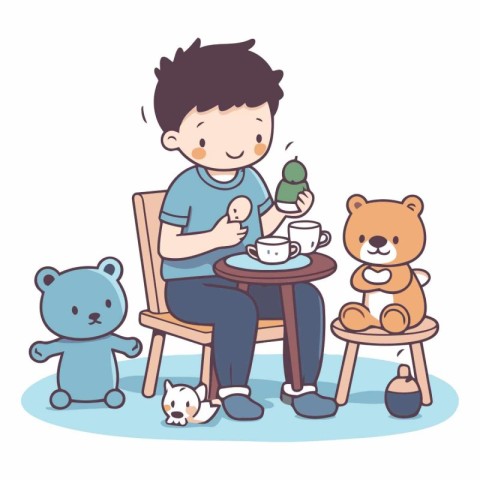 Boy sitting on chair and playing with teddy bears.