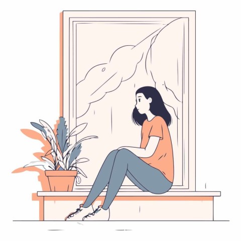 Girl sitting on the windowsill and thinking about something