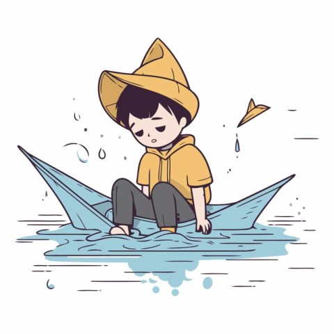 Illustration of a boy sitting on a paper boat in the sea