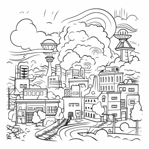 City landscape with buildings. trees and sky. Hand drawn vector