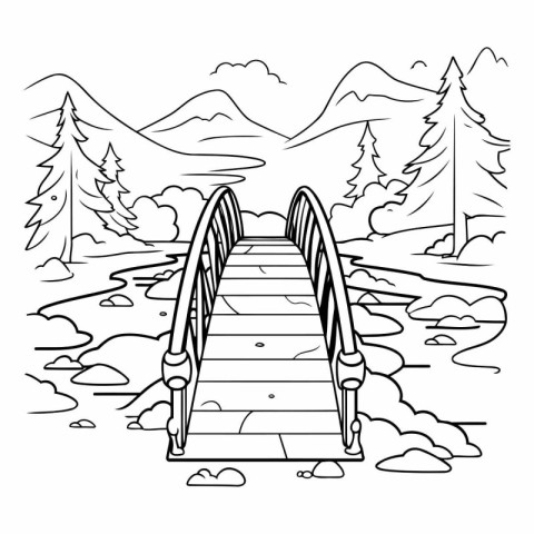 Bridge over the river in the mountains. Black and white vector i