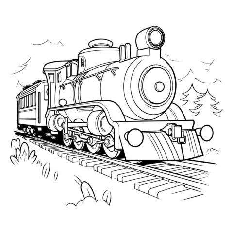 Steam locomotive on the railway. Coloring book for children and