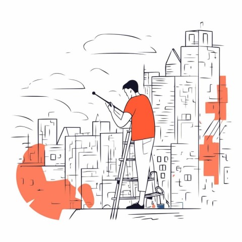 Man paints the city with a brush in line art style.