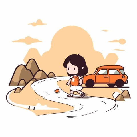 Cute little girl running on the road in cartoon style.