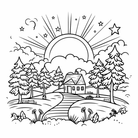 Summer landscape with house and trees in doodle style.