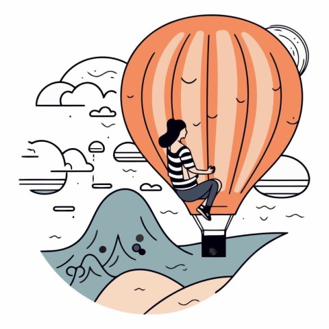 Vector illustration of a girl in a hot air balloon flying over t