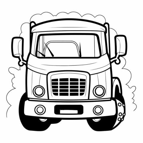 Black and white illustration of a truck with smoke coming out of