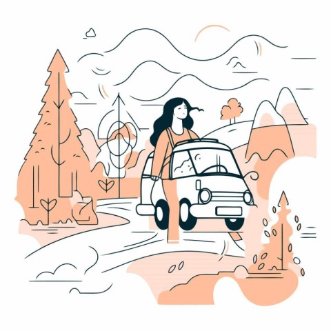 Vector illustration of a girl with a car on the road in the fore