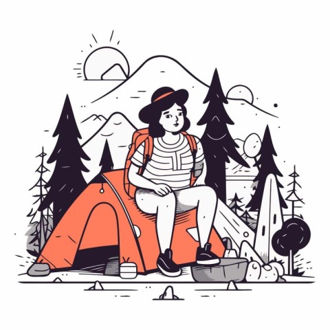 Vector illustration of a girl sitting near a tent in the mountai