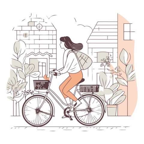 Young woman riding a bicycle in the city in sketch style.