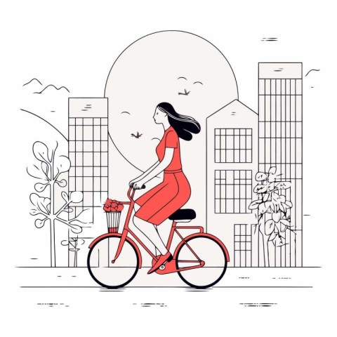 Young woman riding a bicycle in the city in linear style.