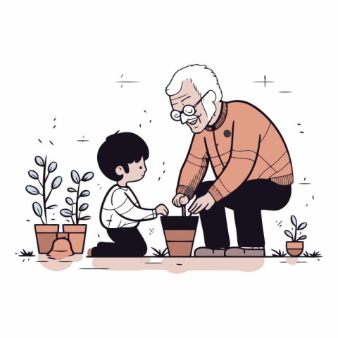 Grandfather and grandson planting plants in cartoon style.