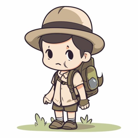 Boy scout in safari outfit with backpack and hat.