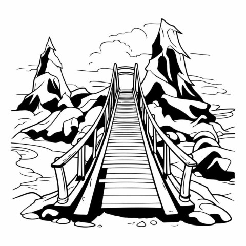 Wooden bridge over the mountain river. Black and white vector il