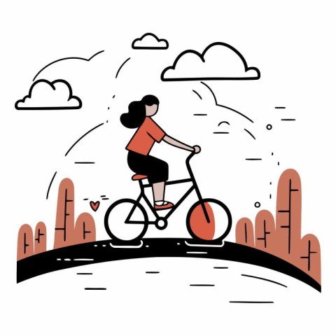 Vector illustration of a woman riding a bicycle on the road in t