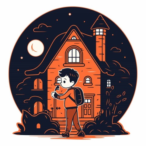 Boy with a backpack on the background of the house.