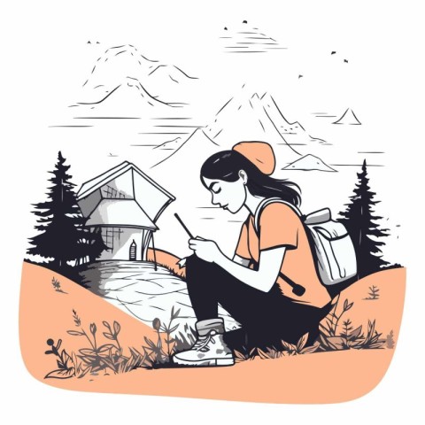 Hiking woman with backpack and tent in mountains.