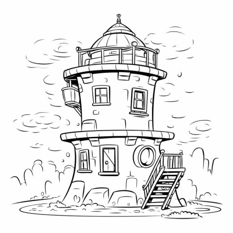 Lighthouse on the beach. Black and white vector illustration for