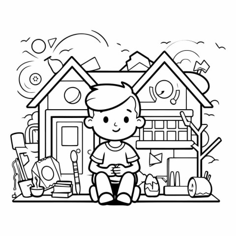 Coloring Page Outline Of a Cute Little Boy Sitting in Front of H