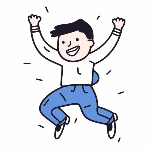 Happy boy jumping with hands up in doodle style.