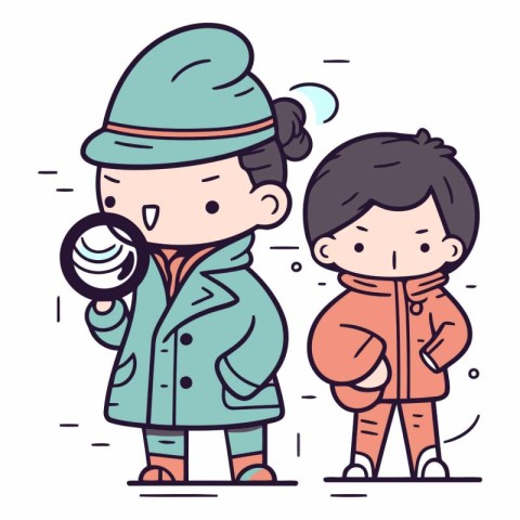 Boy and girl in winter clothes looking through a magnifying glas