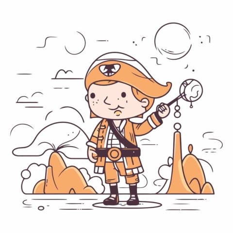 Cute cartoon boy in pirate costume in linear style.