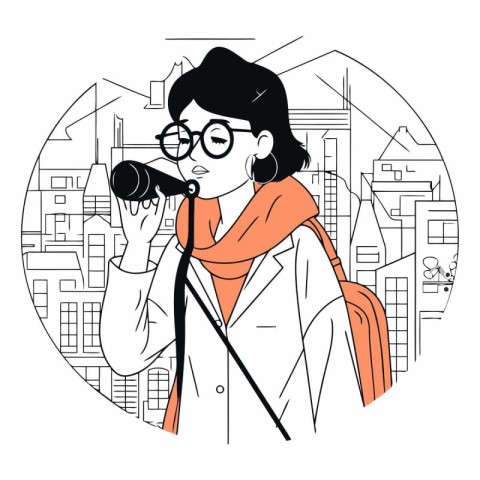 Vector illustration of a woman with binoculars in the city.