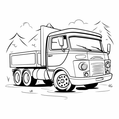 Truck. Black and white vector illustration for coloring book or