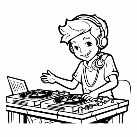 Black and white illustration of a boy dj playing music at home.