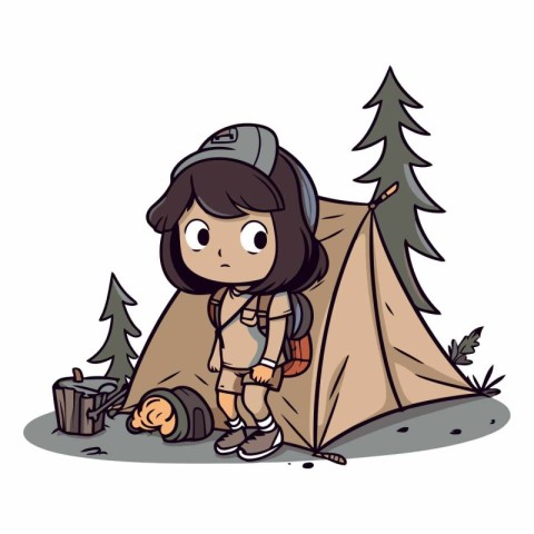 Cute girl with backpack and tent in the forest.