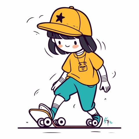 Illustration of a cute little girl riding on a skateboard.