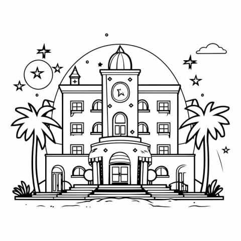 Vector illustration of a building with a clock on the background