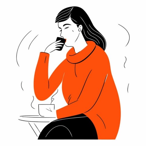 Vector illustration of a woman drinking coffee in a cafe. Cartoo